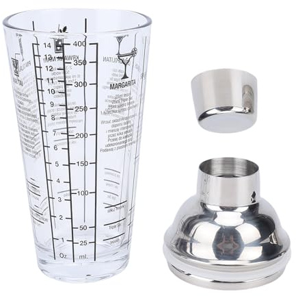 VELATEMOR Cocktailshaker i Glas 14 Oz/400 Ml med Läckagesäkert Lock och Sil, Dubbel Mätskala (oz/Ml) och 6 Recept, för Hemmabarfest och Professionella Bartenders