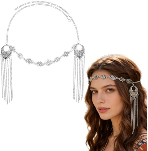 Silver tofs panna huvudkedja för kvinnor - bohemisk utsmyckad lugg huvudbonad, justerbara etniska hårsmycken för festivaler, magdans, brud och boho-styling