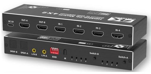GUODDM HDMI Audio Splitter Matrix, 4K-distributionsomkopplare, fyra ingångar och två utgångar, ultrahög definition 3-vägs videosplitter 3D-expansionsnav