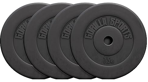 GORILLA SPORTS® Discos Pesas - Set de 30kg (4x7,5kg), Ajustables, Cemento y Plástico, Ø31mm - Juego de Pesas, Gimnasio en Casa, Conjunto, Kit, Weights, Pesa Fitness, Equipamiento, Musculación, Gym