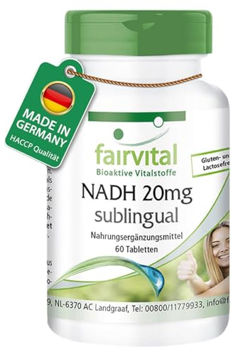 fairvital NADH 20 mg sublinguale, 60 compresse da sciogliere in bocca, ALTO DOSAGGIO, coenzima 1, VEGANO