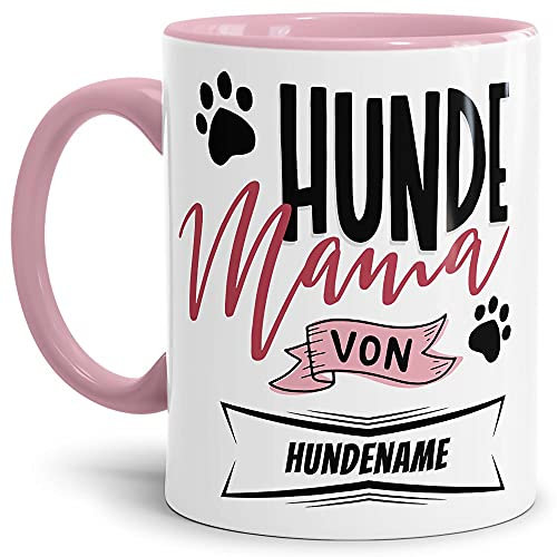 PfotenSchild Tasse mit Spruch - Hundemama - Hundetasse - Mit Hundename Personalisieren - Für Hundeliebhaber und Hundebesitzer - Keramiktasse, Innen & Henkel Rosa - 300 ml