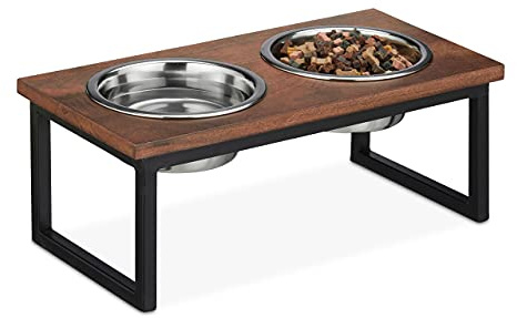 Relaxdays Napfständer, Edelstahlnäpfe Füllmenge 1000 ml, Hundefutterstation aus Mangoholz, HBT 16,5 x 42 x 21 cm, natur