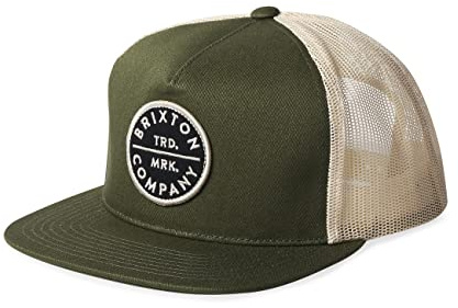 Brixton Pledge, Mesh Snapback Trucker Cap, Men’s Medium Profile, Adjustable, Flat Wide Brim Hat, Cotton & Polyester Blend, Military Olive/Off White, One Size