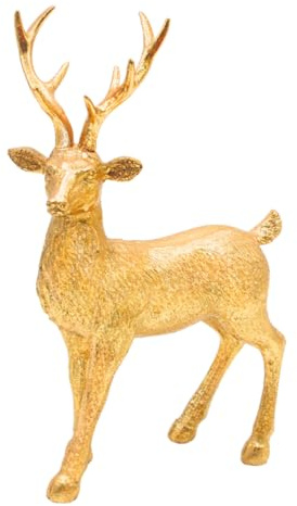 Keramisk dekorativ figur, modern dekorativ staty, lantlig skulptur som hjort i guld – glitter, stående, L/B/H: 14 x 8 x 21 cm