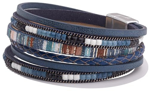 FANCY SHINY Boho Leather Wrap Bracelets Trendy Layered Bracelets with Magnetic Clasp Strackable Bohemian Cuff Jewelry Gifts for Women(Navy Blue)