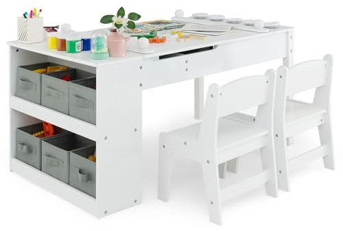 LIFEZEAL 3-i-1 barnstolsgrupp av trä, barnbord med 2 stolar, barntavla, pysselbord och studiebord, barnmöbler, barnrummet, inomhus med pappersrulle och förvaringsutrymme, från 3 år (vit)