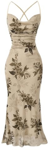 SOLY HUX Women's Floral Mesh Bodycon Cami Dress Cowl Neck Sleeveless Cocktail Party Wedding Guest Long Maxi Dresses Apricot Floral Large