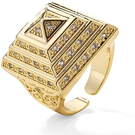 Waterproof XXL Gold-Filled Pyramid Adjustable Ring with Stones – 25 mm Top Face, Adjustable (UK Size T), Clear Stones, ~20 g – Hypoallergenic, Tarnish‑Resistant - Bling King London