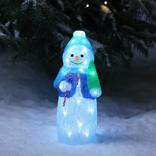 Lights4fun Outdoor Christmas Figure Light Up LED Acrylic Snowman Battery Operated with Timer 34cm