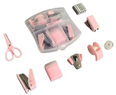 Kit de 8 piezas de suministros de oficina, bonito juego de accesorios de escritorio, juego de grapadora escolar, mini kit de suministros de oficina, estuche portátil con tijeras (rosa)