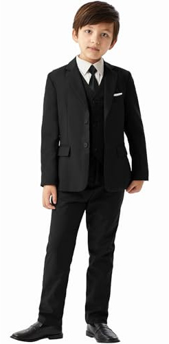 MAGE MALE Boys'5-Piece Suits Multiple Colour Tuxedo Formal Slim Fit Boys Suit Set with Suspenders and Adjustable Waist Black