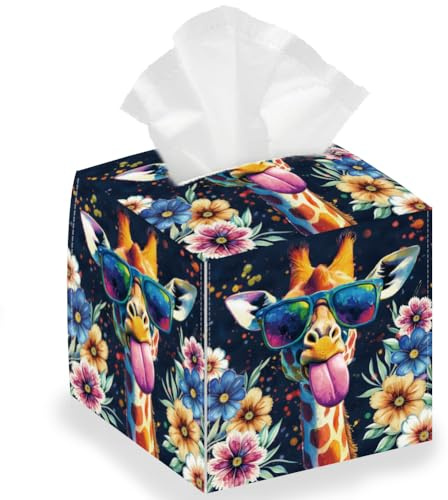 DELORIGIN Giraffe Tissue Box Holder, Square Tissue Box Cover Foldable Tissue Storage Box Waterproof Paper Towel Case Container Organizer Tissue Box Holder for Bedroom Office Bathroom Car Nightstand