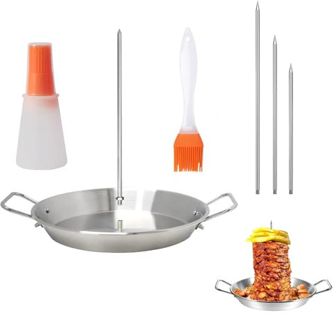 Vertical Meat Skewer Stand - Stainless Steel Grill Rack With Gyro Pan, Oil Bottle, Brush, 3 Removable Skewers for Barbecue Steak Kebab Gyros