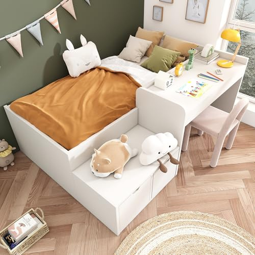 Jtyca Kids Bed with Desk and Drawers, Single Bed Frame with Storage, Cabin Bed, Mid Sleeper Bed with Slatted Frame and Lying Surface for Teenagers & Adults, 3FT-90x190cm, White, (No Mattress)