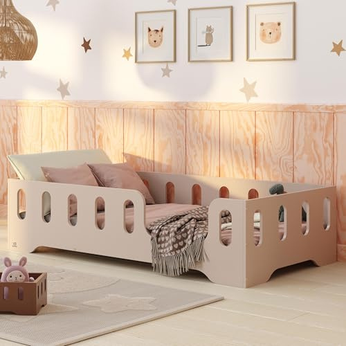 smartwood Golvsäng 70x140 cm med Fallskydd, av Furuträ, Kashmir, TILA 2P | Montessori säng för barn, ribbotten upp till 230 kg, FSC-certifierad, rundade kanter, enkel montering, från 3 år