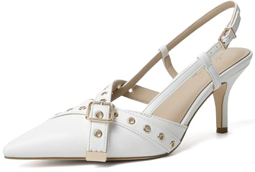 Mostrin Slingback Kitten Heels for Women Studded Heeled Pumps Pointed Closed Toe Heels Vintage Stiletto Pumps Shoes, White, 5 UK