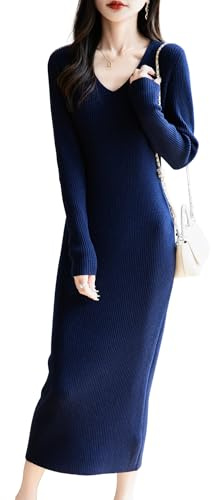 Ciovkis Donna Lana Merino Maglione Moda Primavera Autunno 2025 Maniche Lunghe Lavorato Abito in Maglia (Navy Blue,S)