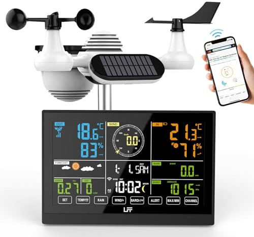 LFF WLAN Wetterstation mit 7in1 Funk Außensensor, Funkwetterstation mit 7,5-Zoll Digital, Regenmesser, UV-Index, Windgeschwindigkeit/Richtung, Wettervorhersage, Barometer, Hintergrundbeleuchtung