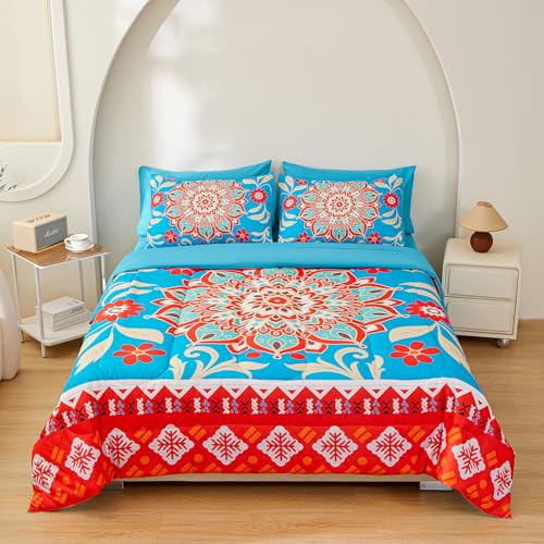 ZUEXVOFY Boho Comforter Set Queen, 3 Pieces Bedding with Teal Mandala Floral Design, Soft & Plush Comforter with Pillow Shams, HD Digital Print, All Season Bed in a Bag