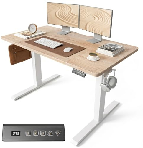 FEZIBO Electric Standing Desk 120 x 60 cm, Height Adjustable Sit Stand Desk with 3 Memory Presets, Home Office Computer Desk, White Frame with Oak Top
