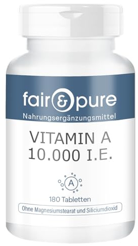 Fair & Pure Vitamin A-tabletter 10 000 I.E., 180 stycken, 3000 μg per tablett, veganskt kosttillskott utan tillsatser, tillverkat i Tyskland