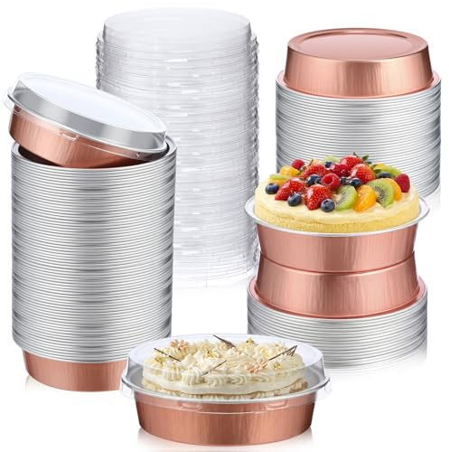 Yinder 120 Pcs 8 oz Disposable Mini Pie Tins with Lids Aluminum Ramekins Foil Pie Pans Egg Tart Cake Baking Pans Individual Round Containers Heat Resistant Oven Safe for Party, Gift(Champagne Color)