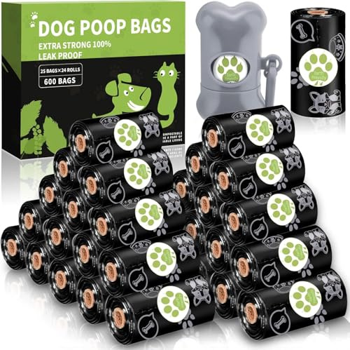 NCKIHRKK 600 Pezzi Sacchetti Cane Cacca, a base di Amido di Mais Biologico, 22 x 30 cm, Sacchetti per Bisogni dei Cani con Dispenser, Nero