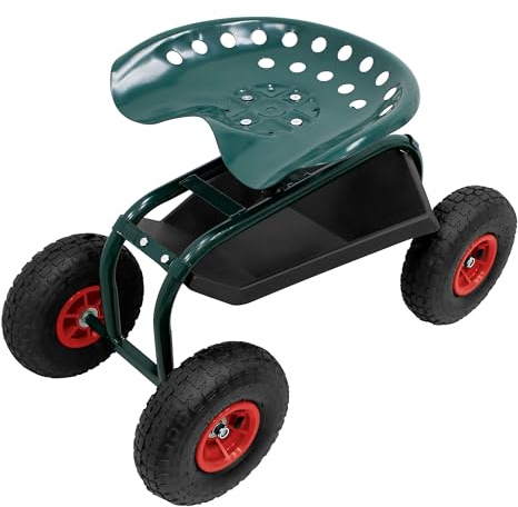 ECD Germany Trädgårdsrullstol 360° Vridbar Höj- och Sänkbar Arbetsstol i Stål för Upp till 150 kg Mobil Trädgårdsvagn med Förvaringsutrymme och Breda Däck Rullbar Stol för Trädgårdsarbete och Bilvård