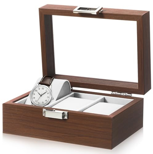 Amosfun Scatola Porta Orologi Uomo in Legno di Noce con 3 Scomparti, Vetro Trasparente e Interno in Velluto per Protezione e Facile Manutenzione, Stile Vintage Elegante