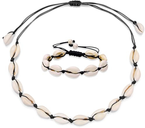 GUIZIYAO 2 Pezzi Bracciale Conchiglia, Regolabile Collana Conchiglie, Cavigliera Conchiglie, Accessori Mare Donna, Collana Estate, Stile Spiaggia Hawaiana, Per Uomo Donna, Nero