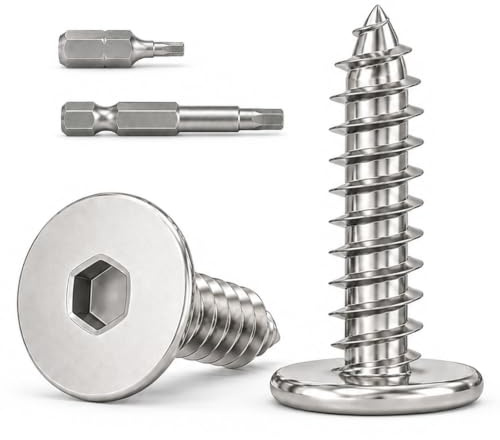 Dayalo 100 stycken träskruvar M4 x 16 mm, platt huvud, insexkant, självgängande, rostfritt stål A2 V2A helgängade, med 2 bitar för möbler, spånskiva, modellbygge och gör-det-själv