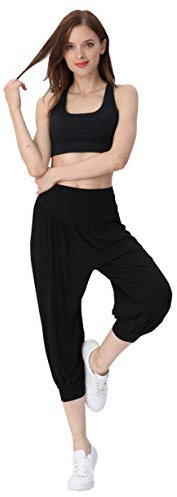 Hoerev Caprihose, Super Weiches Modal-Elastan, Pluderhose, für Yoga, Pilates，Schwarz，L