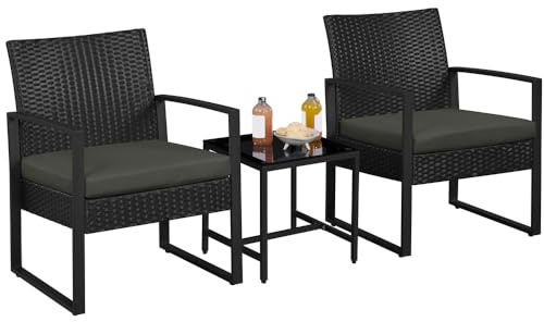 Yaheetech Conjunto de Mesa y Sillas Exterior Juego de Muebles Jardin con Cojines Silla Ratán Impermeable para Terraza Balcón Negro y Gris