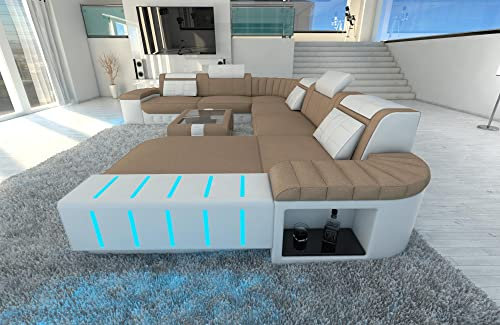 Sofa XXL Bellagio Wohnlandschaft Stoffsofa U Form - mit LED Beleuchtung, verstellbare Kopfstützen, Recamiere/Mikrofaser/Ausrichtung wählbar (Ottomane rechts, Cappuccino-Weiß C102)