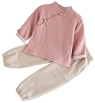 Libaobaoyo Kids Boys Girls Two Piece Set Chinese Style Retro Tang Suit Cotton Linen Taichi Clothes (Pink, 4-5 T)