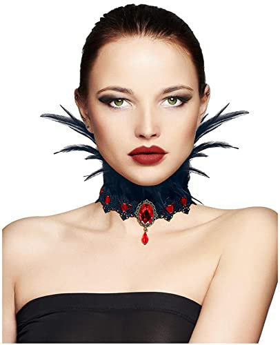keland Goth Lolita Feder Halskette Kropfband Federkragen Spitze Choker Collier mit Anhänger Viktorianisch Kostüm Zubehör (A-Rot)