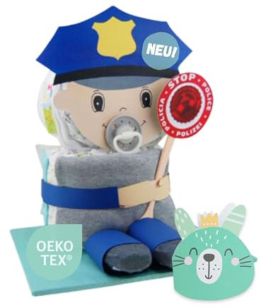 Windeltorte ® Windelpolizist Neutral [Überraschunseffekt] - Geschenk zur Geburt - Babyparty - Pullerparty - Punkelparty - Jetzt Geburtsgeschenk Torte bestellen
