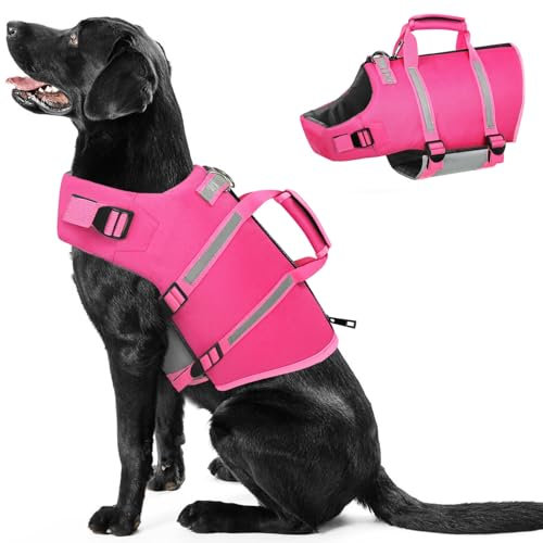 PUZAUKAL Hundeschwimmweste Ripstop Life Jacket mit Rettungsgriff und Reflektierenden Streifen, Verstellbare Rettungsweste für Kleine Mittel Große Hunde, Rosa-L
