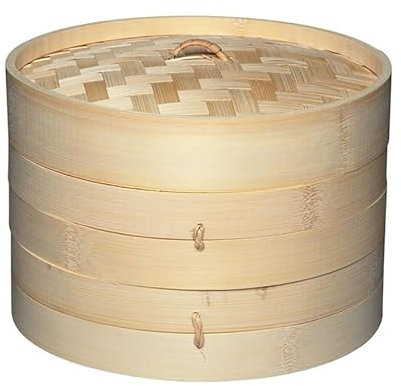 ANSNOW Vaporera de Bambú, Cestas de Dos Nicon Tapa - Cesta de Vapor Olla Arrocera Olla de Vapor de Bambú-Estilo Oriental Tradicional-Para Albóndigas, Arroz, Dim Sum, Verduras, Pescado Y Carne/2 Capa