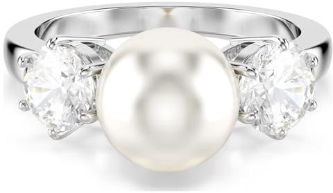 Swarovski Matrix Cocktail Ring, Crystal Pearl, Round Cut, Clear, Rhodium Finished; Size: Us 7; Eu 55