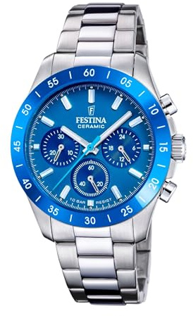 Festina Unisex Uhr Analog Edelstahl 316L Silber - Quarz Chronograph - Mineralglas hochresistent - 10 ATM wasserdicht F20693/4 - Ceramic