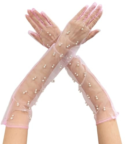 AWOCAN Women Sheer Long Pearl Mesh Tulle Wedding Bridal Gloves - 1920's Dance & Party Gloves