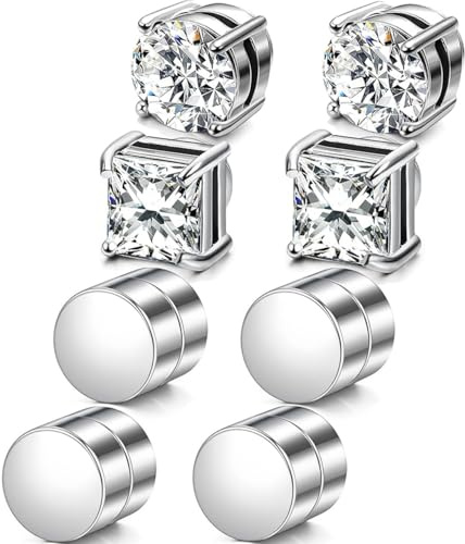 4 Pairs Magnet Earrings for Men - Stainless Steel Round Cubic Non-Piercing Set, Magnetic Studs for Women, Exquisite Design