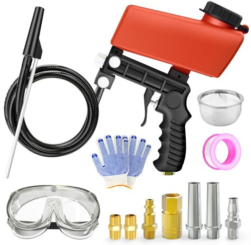 QCDENG Les sableuses portables rouges sont livrées avec deux options d'alimentation, kit de pistolet à sable à air pour compresseur d'air pour enlever la peinture, la rouille, les taches et la crasse