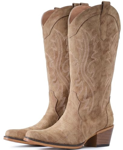 IUV Cowboy Boots For Women Western Cowgirl Boots Mid Calf Snip Toe
