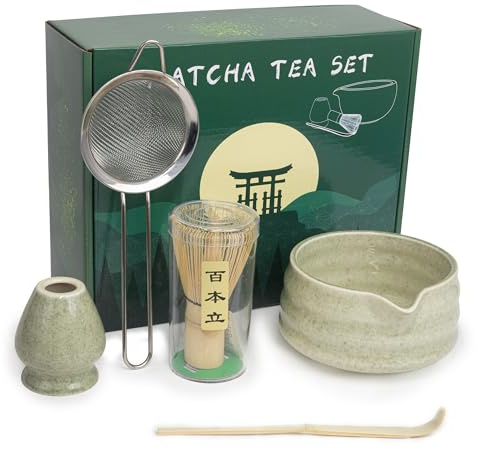 Matcha Whisk Set da 5 pezzi, ciotola per matcha con beccuccio e frusta, pala per matcha, supporto per frusta per matcha, colore verde classico