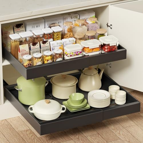 Aukimo 2Pack Teleskopschublade, Ausziehbarer Schrank Organizer mit Einstellbarer Breite (32-53 cm), Hochwertiger Kohlenstoffstahl, Ausziehbare schublade küche für Schrank & Pantry(Schwarz)