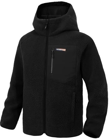 Pioneer Camp Giacca in pile da uomo con cappuccio, calda, traspirante, con chiusura lampo, per attività all'aria aperta, con 5 tasche, per escursioni, trekking, Nero , XL