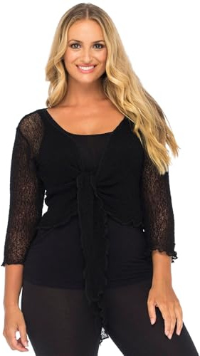NetSetUK Women’s Fish Net Tie Up Shrug 3/4 Sleeve Fine Knitted Ladies Bolero Shrug Top Jacket Cardigan One Size Black